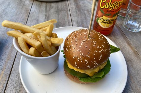 The "classic burger" served with crispy fries.
