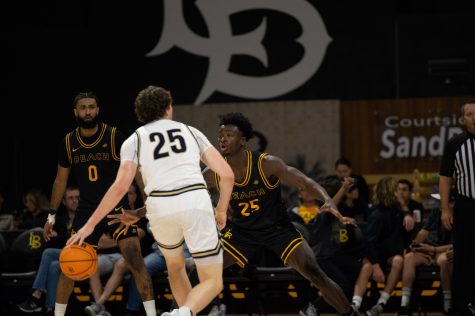 11/13/2022 - Long Beach, CALIF: Long Beach State men's basketball player, Aboubacar Traore, plays some lockdown defense during the game against Montana State back in November.