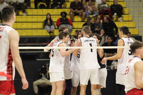 02/18/23 - Long Beach, CA: LBSU men's volleyball team celebrates scoring a point during the second set at the Walter Pyramid.
