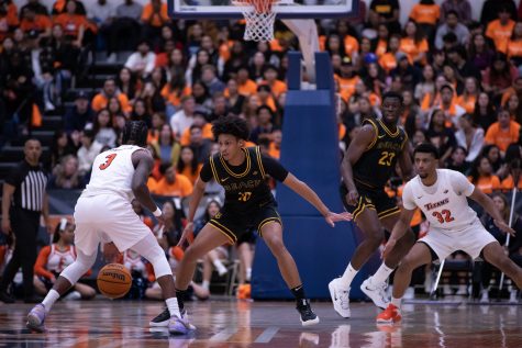 02/02/23: Long Beach, CA- LBSU redshirt freshman Aj George keeps his eyes on his opponent during The Beach's win on Thursday night against CSUF.