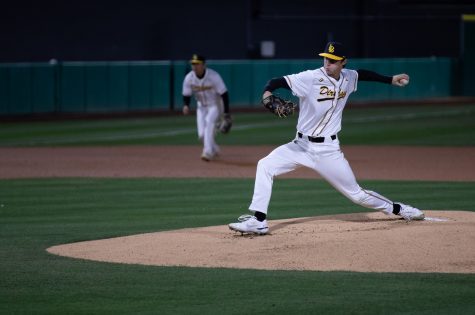 02/17/2023: Long Beach, CA- LBSU redshirt junior left-handed pitcher throws a pitch toward home plate during the team's opening day win against Wichita State on Friday night at Blair Field.