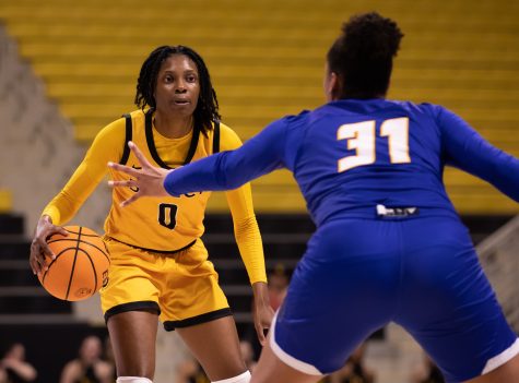 02/23/2023: Long Beach, CA- LBSU redshirt senior guard Ma'Qhi Berry stares her opponent down during The Beach's win on Thursday against UCSB.