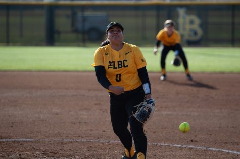 02/18/2023 - Long Beach, Calif: LBSU softball sophomore pitcher, Eryka Gonzales, throws a pitch during the first inning against Cal Berkeley at the LBSU Softball Complex.