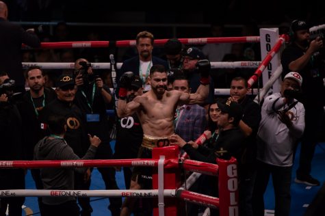 03/18/2023 - Long Beach, Calif: Oscar Duarte celebrates after beating Alex Martin inside the Walter Pyramid during a Golden Boy Promotions event.