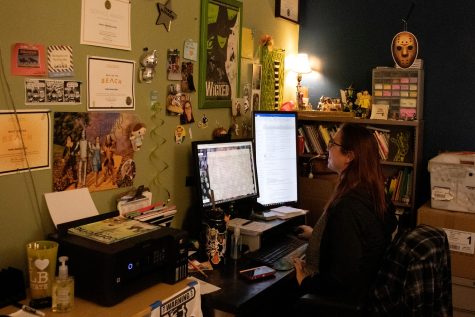 Boehne Ehlers works at her desk before preparing to go downstairs for the first dress rehearsal of Twelfth Night. Photo By Steven Matthews