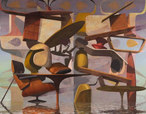 An image of an oil on canvas painting called "Eviction." It shows desks and chairs on top each other and a flood at the bottom.