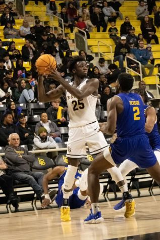 Aboubacar Traore, sophomore forward, plays against CSU Bakersfield in the last home game at the Walter Pyramid on March 2, 2023.