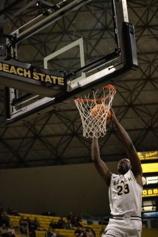 Lassina Traore, sophomore forward, plays CSU Bakersfield in the last home game at the Walter Pyramid on March 2, 2023.