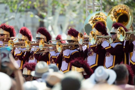 04/22/2023 - Los Angeles, Calif: The University of Southern California marching band kicks off the LA Times Festival of Books with a live performance.
