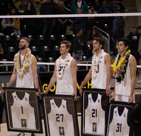 04/14/2023 - Long Beach, Calif : Shane Holdaway, Calvin Sanborn, Grant Marocchi and Spencer Olivier were honored with a post-game ceremony that celebrated their collegiate career.