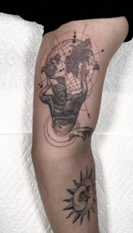 My most recent tattoo, atlas holding the world with aspects of geometry added to it.