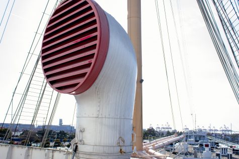 Air vent of Queen Mary overseeing vessel's deck.
