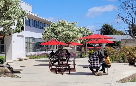 Students enjoy lunch in the courtyard between Fine Arts 1 and Fine Arts 2, both of which were among the first buildings built at CSULB in 1954.