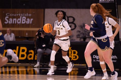 03/04/2023 - Long Beach, Calif: Long Beach State women's basketball senior guard, Ma'Qhi Berry, pushes the ball in transition against UC Davis inside the Walter Pyramid.