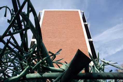 The only woman selected for the 1965 California International Sculpture Symposium was Claire Falkenstein, who contributed her work "U as a Set". The sculpture contains over 6,000 lbs. of copper and sets in the currently dry fountain beneath the McIntosh Humanities building.