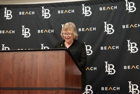 08/11/2023 - Long Beach, CALIF: Cal State University Long Beach President, Jane Close Conoley, gives opening statements during Bobby Smitheran's introductory press conference at The Point inside the Walter Pyramid.
