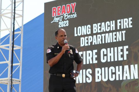 Long Beach fire chief Dennis Buchanan speaks to the crowd gathered at the event's premiere after three years on hiatus.