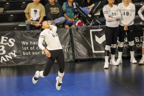 Long Beach State women's volleyball junior, outside hitter, Natalie Glenn gets air during her serve toward Cal Poly during the home game on 09/22/23. Glenn led her team in kill attempts, and out of 36, she saw 24 through. LBSU's final score was 3-2.