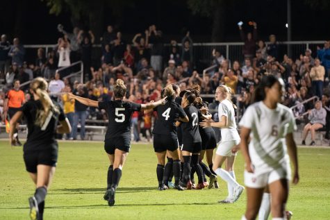 09/01/2023 - Long Beach, Calif: Long Beach State women's soccer team celebrate scoring their second of three goals to take a 2-1 lead in the second half against Harvard. The Beach would win the game 3-2 at George H. Allen Field.