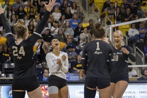 09/02/2023 - Long Beach, Calif: The Long Beach State women's volleyball team celebrate scoring a point against the UCLA Bruins in their matchup inside the Walter Pyramid. The Beach would fall to the Bruins 1-3 despite having three double-digit scorers.