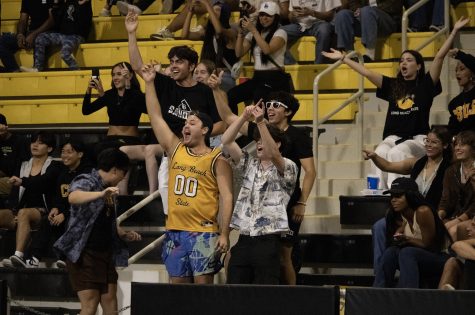 Long Beach State women's volleyball fan demonstrated their enthusiasm after The Beach was awarded a point after a play had to be reviewed.