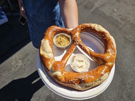 Giant soft pretzels were sold for $14 and served with orbatza (German beer cheese) and mustard.