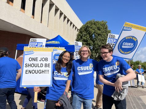 (right to left) Political science major Nataly Torres, 21; public health major Colin Culver, 18 and political science major Golden Bachelder, 22 are student assistants who came together from different campuses in support of the the CSUEU workers getting their Step pay program and for the ability of student workers to unionize.