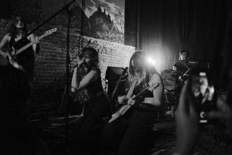 Caoline Margolis (left), Hannah Goodwin (center),  Nina Maravic (right), and Savine Hovanian (drums)  deliver passionate lyricism and instrumentalism to  listeners.