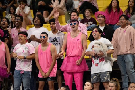 The Long Beach State student section and fans wore pink in the conference matchup between the Beach and UC Davis in support of Breast Cancer Awareness month.