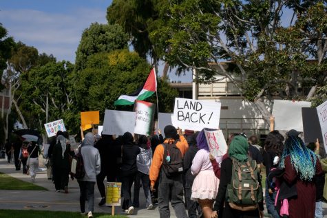 Students in support of Palestine marched from the central quad to the Go Beach sign on Oct. 25, 2023. The protestors chanted things such as "From the river to the sea, fuck the U.S. war machine."