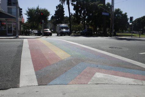 The crosswalk on Broadway and Junipero. The crosswalks The intersection neighbors several LGBTQ+ businesses.