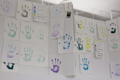 These are handprints from a polycystic kidney disorder (PKD) event, which are on display in sea's shared studio space. The colors indicate whether the handprint is from someone with PKD, a loved one of someone with PKD, someone honoring a person with PKD, an organ donor or some combination of these.