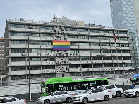 A pride flag hung outside the U.S. Embassy in Seoul, Korea. In 2023, South Korea legalized same-sex marriage.