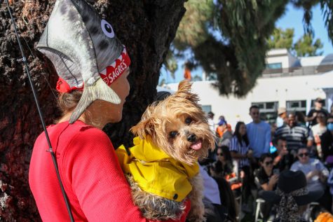 10/29/23 BELMONT SHORE, CALIF: Dog and owner dress up as a fisherman and the day's fresh catch on the sidelines of the parade.