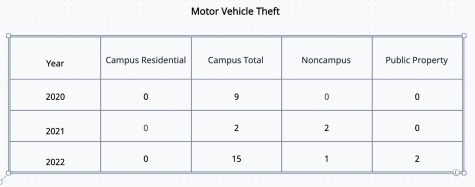 Last year motor vehicle theft proved to be the biggest safety issue on campus. Stolen cars are not often recovered, and when they are, they have usually been stripped for parts.