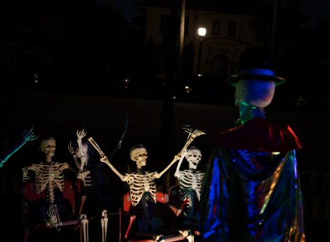 Near Belmont Heights, a skeleton crowd sits on picnic chairs as they enjoy a show from a skeleton band. Photo credit: Mark Siquig