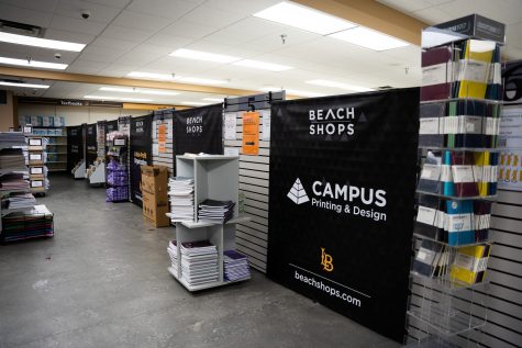 Inside the bookstore, the textbook aisles have been temporarily closed. The only available books to purchase are blank notebooks and lab manuals.