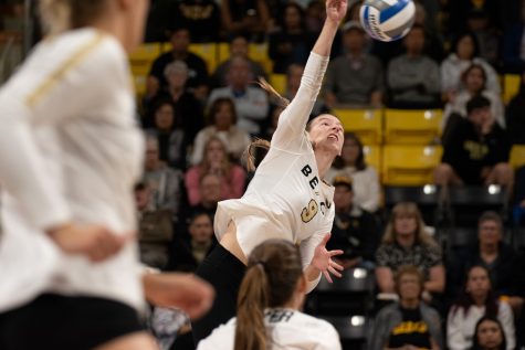 Long Beach State women's volleyball graduate outside hitter Hanna Lesiak goes for a kill against UC Santa Barbara inside the Walter Pyramid. The Beach beat the Gauchos 3-2 and will advance to the final of the Big West Championship tournament.