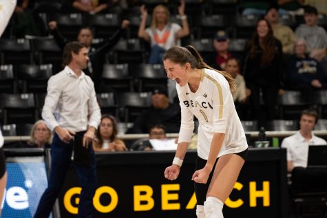 Long Beach State women's volleyball redshirt sophomore setter Zayna Meyer celebrates scoring a point in the fifth set against UC Santa Barbara in the Big West Championship tournament inside the Walter Pyramid. Meyer recorded a double-double with 45 assists and 15 digs.