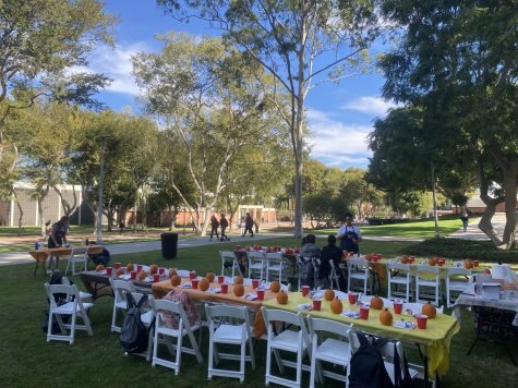 Beach Pride Events set up tables for pumpkin painting lessons as a part of Pumpkin Palooza on the North Lawn of the University Student Union.