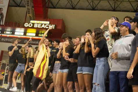 Long Beach State's student section cheers on the women's volleyball team during Saturday night's matchup against Notre Dame inside the Walter Pyramid on Sept. 3, 2022.