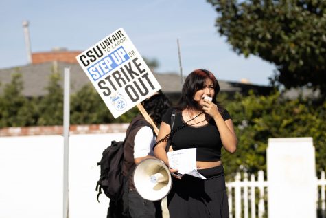 11/14/2023 Long Beach, Calif: Multiple students came out to shout out phrases as the CSU Teamsters held a labor strike in East Atherton St. at 11 a.m. and they were in the little ridge in the middle of the road. The three were chanting “We’re fired up, we can’t take no more” and “Who are we, teamsters."