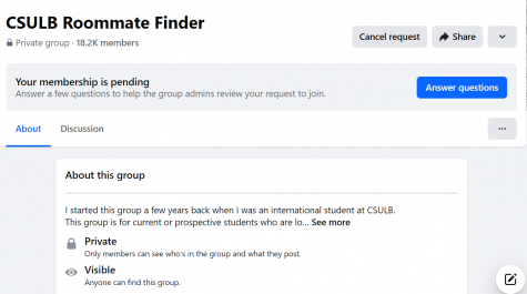 When students click on the Roommate Finder link on the CSULB off-campus resources website, they are taken to this Facebook group.  They are prompted to answer some questions so that the group administrators can ensure people requesting to join are CSULB students.