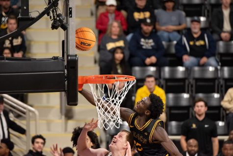 Long Beach State men's basketball junior forward Aboubacar Traore goes up for a block in a regular season matchup against UC Irvine inside the Walter Pyramid. Traore finished the game with four blocks as the Beach would fall to the Anteaters 72-61.