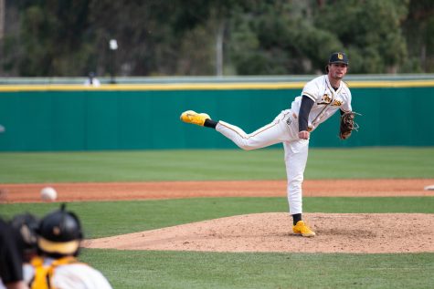 2/25/24 - Long Beach, Calif: Junior pitcher for Long Beach State Grant Cherry went two innings and closed the game for the Dirtbags as he gave up four hits, one run and seven strikeouts. Long Beach State dominated pitching-wise as the Dirtbags won 4-1 at Bohl Diamond at Blair Field and swept Omaha in the weekend series.