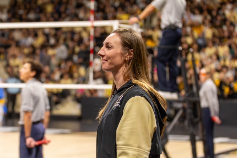 2/09/24 - Long Beach, Calif: After the third set and a timeout called, the interim head coach for the Long Beach State women's volleyball team Natalie Reagan got a warm welcome from The Beach as she waved to the crowd. Reagan will be replacing Tyler Hildebrand after he leaves Long Beach State.