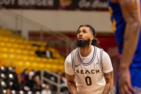 2/30/24 - Long Beach, Calif: Long Beach State senior guard Marcus Tsohonis goes to the free-throw line six times and scores 15 points, two steals, one block and two rebounds with 23 minutes of action. Tsohonis is the third-leading scorer for The Beach as they won 79-66 at The Walter Pyramid.