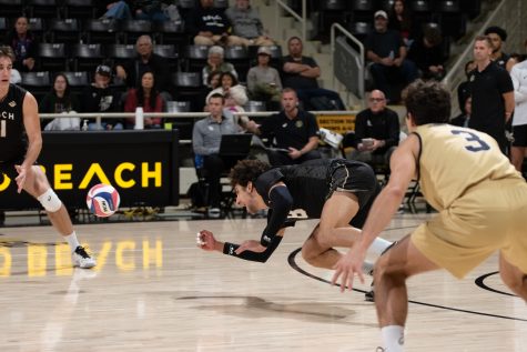 Long Beach State junior outside hitter Sotiris Siapanis dives for a dig against King inside the Walter Pyramid. Siapanis would record six digs to go along with 10 kills to lead The Beach through a second sweep against the Tornadoes.