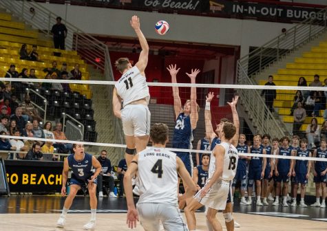 Torwie rises for the spike as the Beach sweeps UCSD on Friday night at the Walter Pyramid. The Beach would finish the game with 37 kills as they dominated the Tritons.