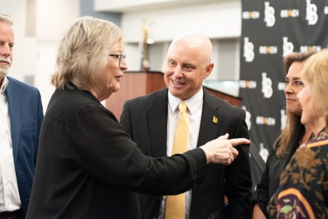 08/11/2023: Long Beach State Executive Director of Athletics Bobby Smitheran speaks with university president Jane Close Conoley during his introductory press conference back in August of 2023.